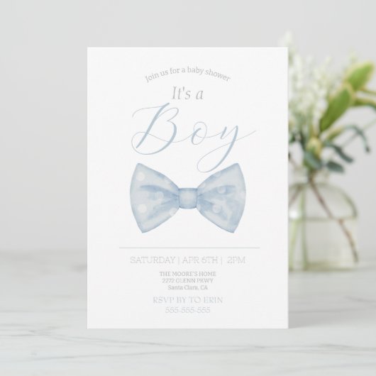 Blauw boog stropdas het is jongen baby shower uitn kaart (Staand voorkant)