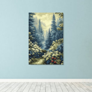 Blauw bos met rode bessen, gestileerd landschap canvas afdruk