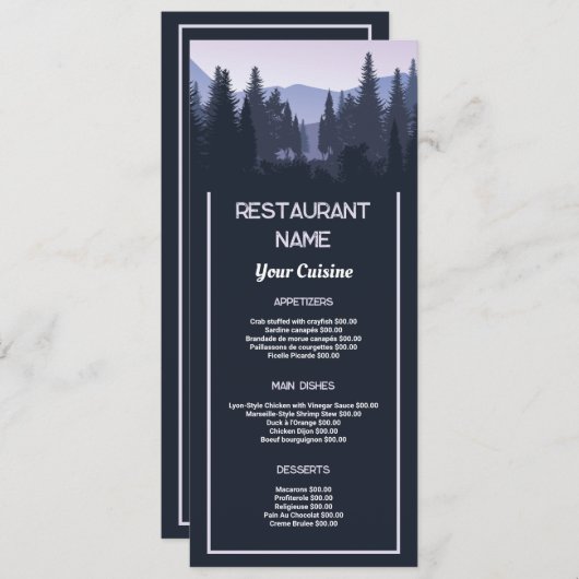 Blauw Bos, Restaurant Slimline Menu (Voorkant / Achterkant)