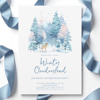 Blauw bos winter Onederland 1e verjaardagsfeestje Kaart