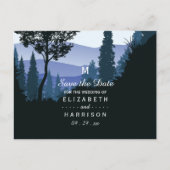 Blauw boslandschap, Rustic trouwkaart Save the Dat Aankondigingskaart (Voorkant)