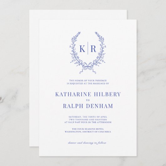Blauw Botaniacal & Lint Kam Monogram Bruiloft Kaart (Voorkant / Achterkant)