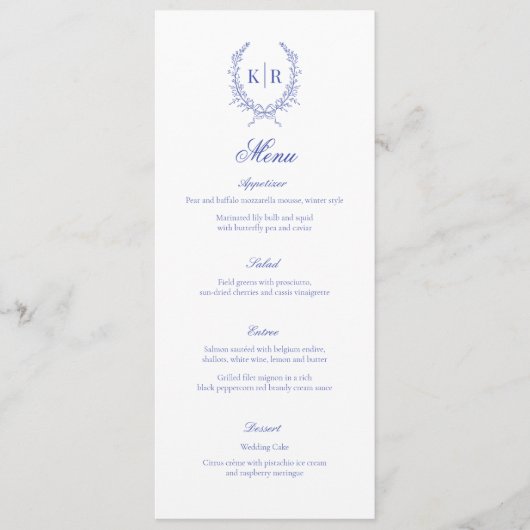 Blauw Botaniacal & Lint Kam Monogram Bruiloft Menu (Voorkant)