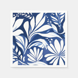 Blauw botanisch aquarel bloemmotief wit patroon servet