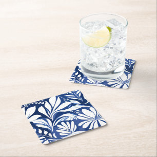Blauw botanisch aquarel bloemmotief wit patroon vierkante kartonnen onderzetter