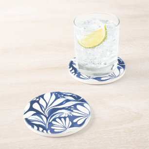 Blauw botanisch aquarel bloemmotief wit patroon zandsteen onderzetter