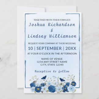 Blauw Botanisch Elegant Huwelijk Kaart