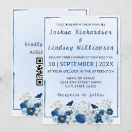 Blauw botanisch elegant huwelijksfeest kaart