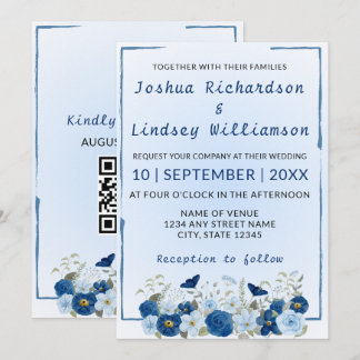 Blauw botanisch elegant huwelijksfeest kaart