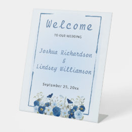 Blauw botanisch elegant huwelijkswelkom reclamebord met voetstuk