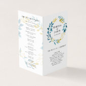 Blauw botanisch gevouwen huwelijksprogramma kaart (Buitenkant)