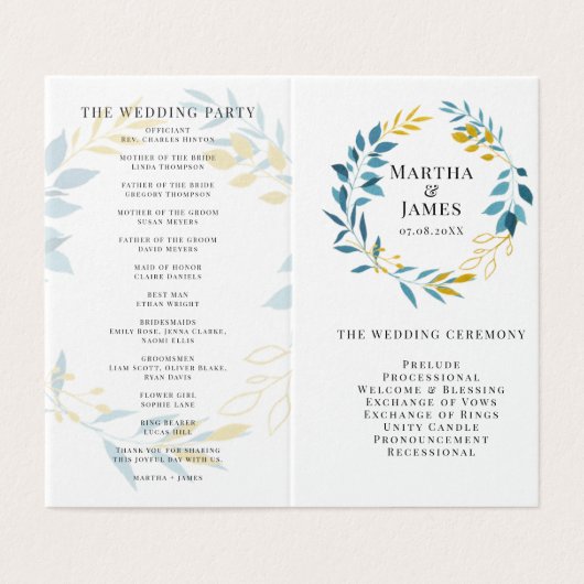 Blauw botanisch gevouwen huwelijksprogramma kaart (Buitenkant ongevouwen)