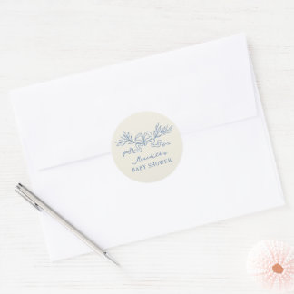 Blauw botanisch lint baby shower ronde sticker