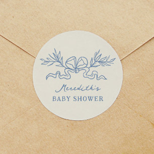 Blauw botanisch lint baby shower ronde sticker