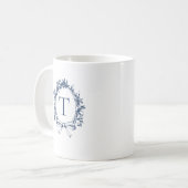blauw botanisch monogram koffiemok (Voorkant links)