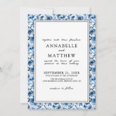 Blauw Botanisch Patroon Elegante Bloemen Huwelijk Kaart (Voorkant)