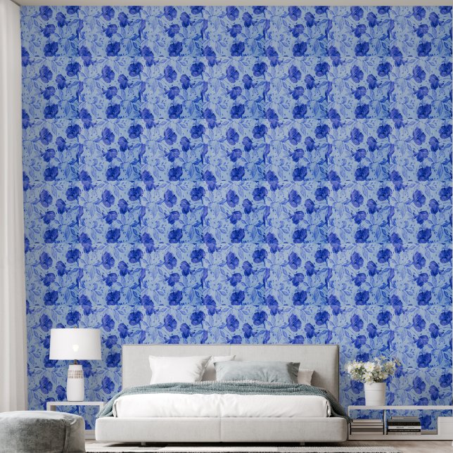 Blauw botanisch vinyl behang (Slaapkamer)