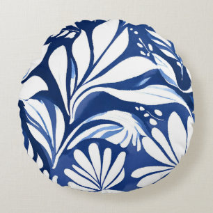 Blauw botanisch watercolor bloemmotief rond kussen