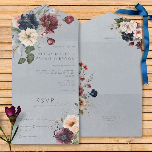 Blauw Bourgogne & Cream Rustiek Bloemen Blauw Dine All In One Uitnodiging