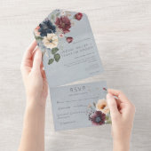 Blauw Bourgogne & Cream Rustiek Bloemen Blauw Dine All In One Uitnodiging (Afscheurbaar)