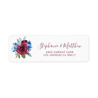 Blauw Bourgogne Waterverf Bloemen bruiloft adres Etiket