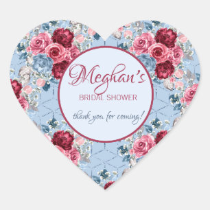 Blauw & Bourgondische bloemige bruidsdouche bedank Hart Sticker
