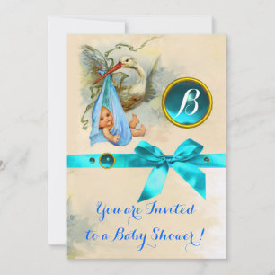 BLAUW BOW STORK BABY BOY SHOWER GEMSTONE MONOGRAM KAART