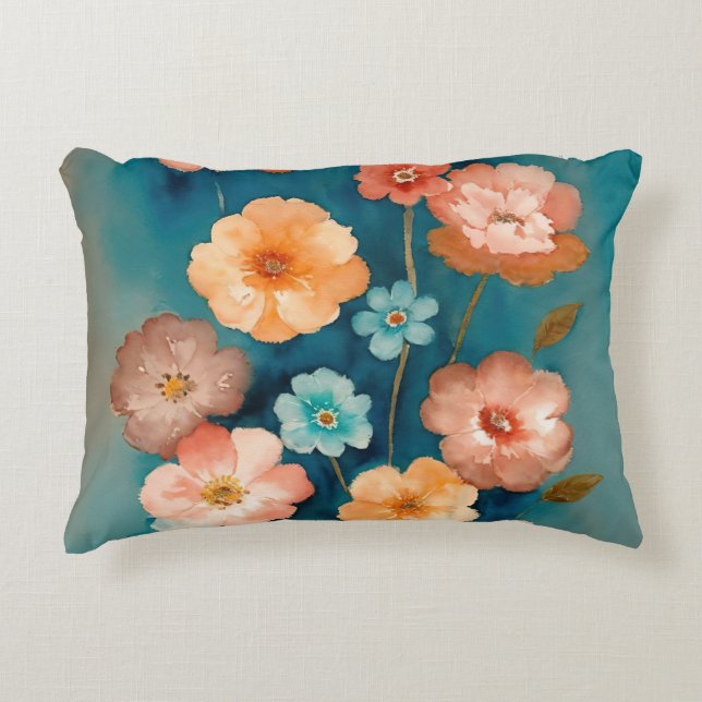 Blauw, Brons en Rust Bloemen Accent Kussen (Voorkant)