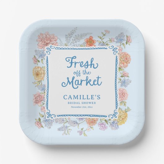 Blauw Bruidsfeest 'Fresh off the Market' Papieren Bordje (Voorkant)