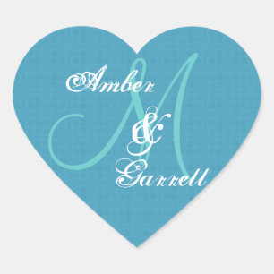 Blauw Bruiloft Damask Monogram Elk Initiaal V06 Hart Sticker