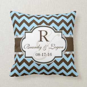 Blauw & Bruin Chevron Stripes Huwelijk Kussen