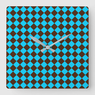 Blauw Bruin Diamant Schachbrettpatroon Vierkante Klok