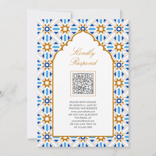 Blauw Bruin Perzisch Mozaïek QR Code Moslim Bruilo Kaart (Achterkant)