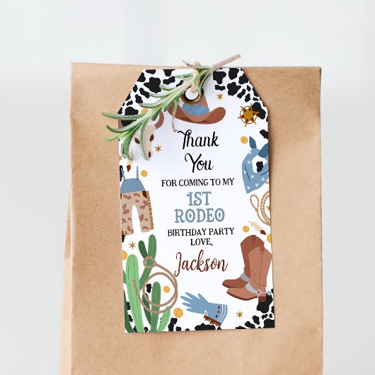 Blauw Bruin zadel omhoog Eerste Rodeo 1e Verjaarda Cadeaulabel