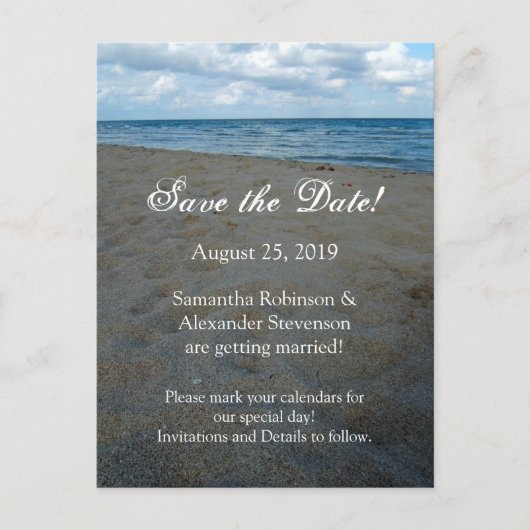 Blauw Bruin Zanden Strand Bruiloft Save the Date K Aankondigingskaart (Voorkant)