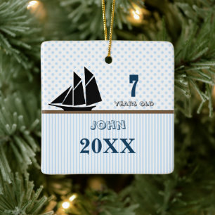 Blauw & Bruin Zeilboot Stip Strepen Foto Ornament