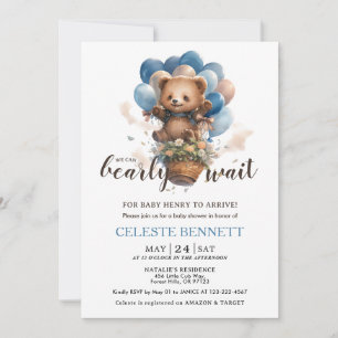 Blauw bruine ballon beer babyshower uitnodiging