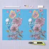 Blauw Budgie Rozen Bloemenpatroon Blauw Weefseldoc Tissuepapier (Craft)