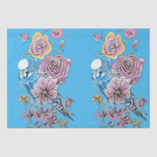 Blauw Budgie Rozen Bloemenpatroon Blauw Weefseldoc Tissuepapier (Voorkant)