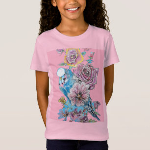 Blauw Budgie Schattige Whimsical Roze Meisjes T Sh T-shirt