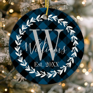 Blauw Buffalo geruite monogram krans Kerstmis Keramisch Ornament