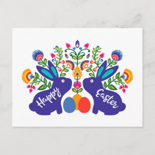 Blauw 🐰 Bunnies met Folklore Bloemen Custom Text Briefkaart