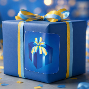 Blauw cadeau-doosje met gele en aqua lint vierkante sticker