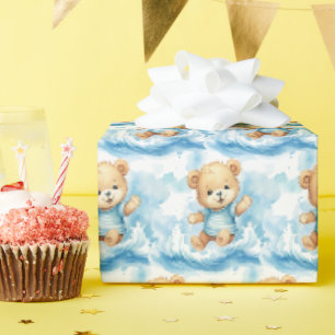 Blauw cadeaupapier voor baby en peuter met teddybe