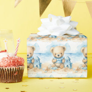 Blauw cadeaupapier voor baby en peuter met teddybe