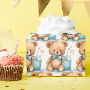 Blauw cadeaupapier voor peuter teddybeer