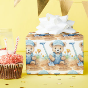 Blauw cadeaupapier voor peuter teddybeer