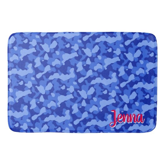 Blauw Camouflage met rood monogram Badmat (Voorkant)