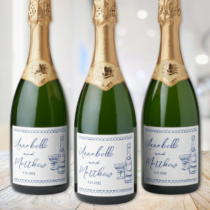 Blauw Champagne Handgetekende Trouwdag Sparkling Wijnetiket