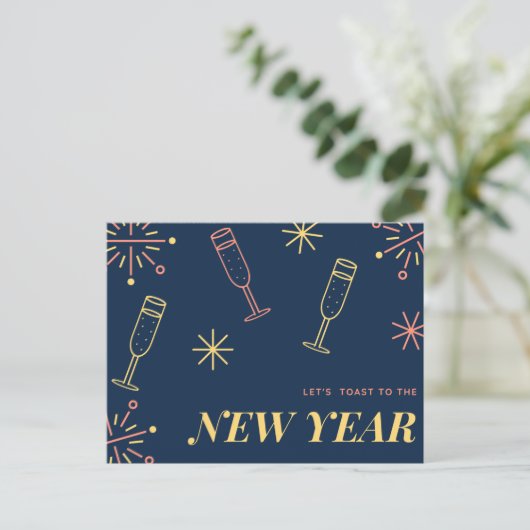 Blauw champagne New Year Design Briefkaart (Staand voorkant)